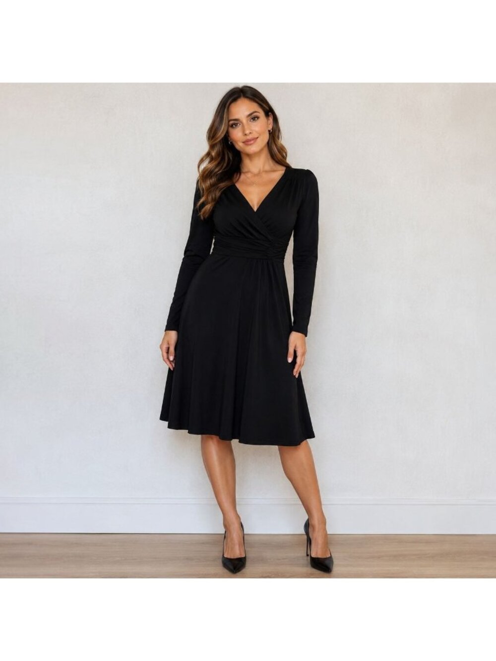 Boden Black V-Neck Wrap-Style Ruched Fit Flare Stretch Jersey Dress Womens US 2